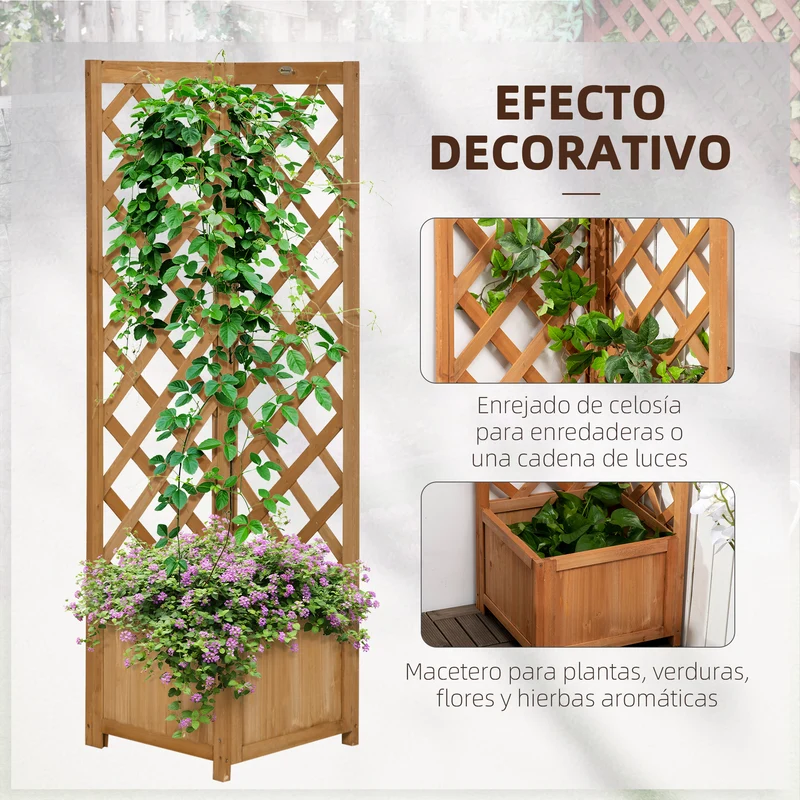 Outsunny Jardinera con Enrejado de Madera Macetero con Enrejado Jardinera Rectangular para Trepadoras Cultivos Plantas Flores Decoración en Exterior Esquina 40x40x145 cm Natural