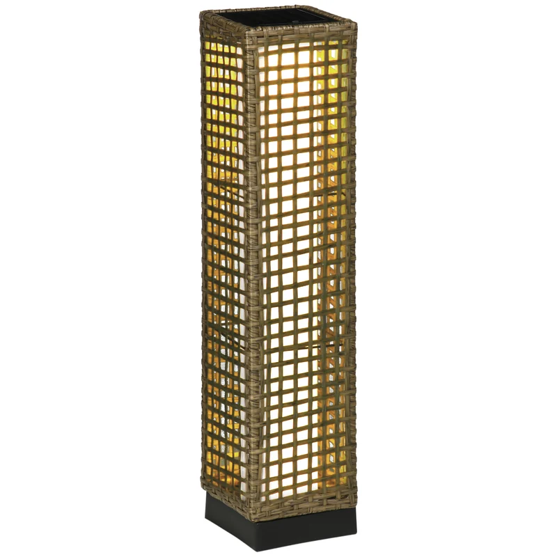 Outsunny Linterna de Jardín de Ratán Sintético Farola Solar con Luces LED Encendido y Apagado Automático para Terraza Balcón Patio 15,5x15,5x69 cm Arena
