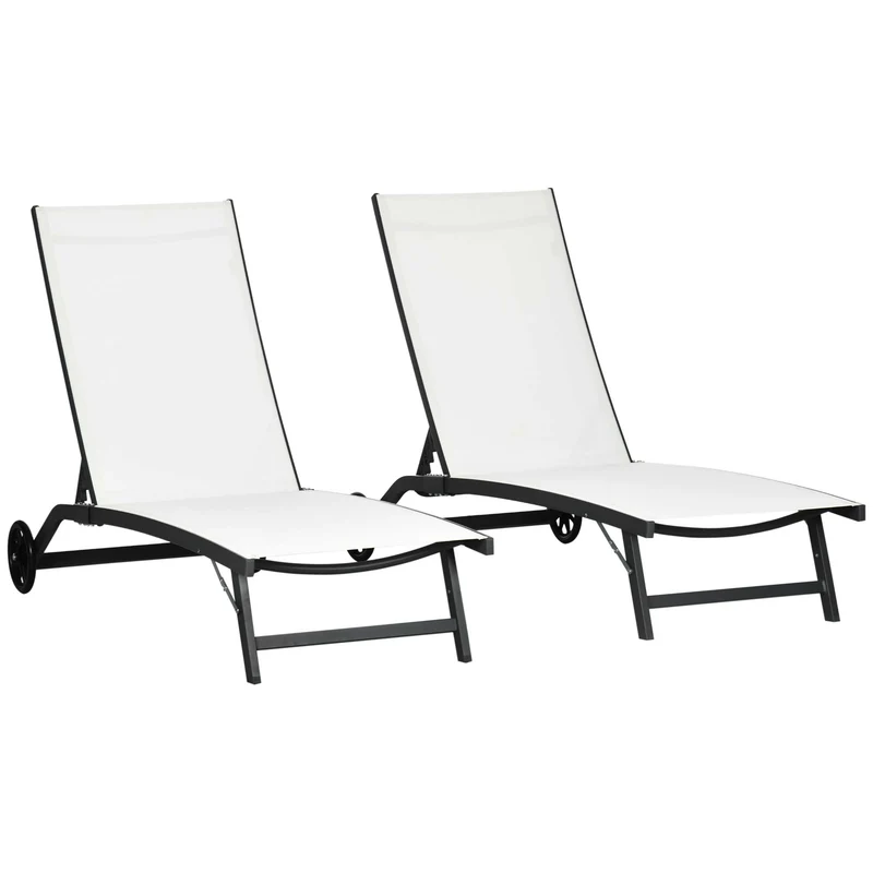 Outsunny Pack de 2 Tumbonas de Jardín Exterior Tumbonas Reclinables de Aluminio con Respaldo Ajustable de 5 Niveles y Ruedas para Playa Piscina 165x66x102 cm Crema