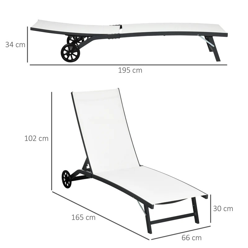 Outsunny Pack de 2 Tumbonas de Jardín Exterior Tumbonas Reclinables de Aluminio con Respaldo Ajustable de 5 Niveles y Ruedas para Playa Piscina 165x66x102 cm Crema