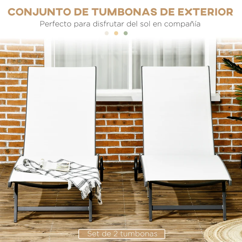 Outsunny Pack de 2 Tumbonas de Jardín Exterior Tumbonas Reclinables de Aluminio con Respaldo Ajustable de 5 Niveles y Ruedas para Playa Piscina 165x66x102 cm Crema