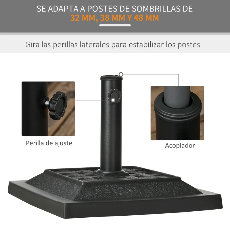 Outsunny Base para Sombrilla de Jardín de 12 kg Soporte de Parasol Cuadrado de Resina para Mástil Ø32/38 mm para Terraza Patio Balcón 44x44x33 cm Negro