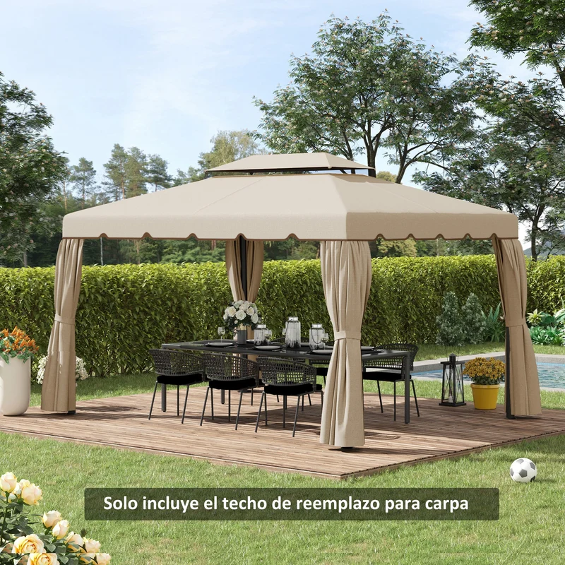 Outsunny Techo de Repuesto para Cenador 4x3 m Cubierta de Repuesto con Techo Doble con 8 Orificios de Drenaje Toldo de Recambio para Pabellón Gazebo Beige