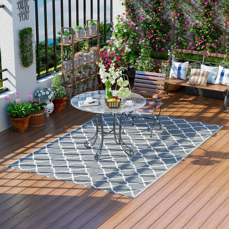 Outsunny Alfombra de Exterior 182x274 cm Alfombra Reversible con Patrón Geométrico Impermeable para Terraza Balcón Patio Camping Playa Gris y Blanco