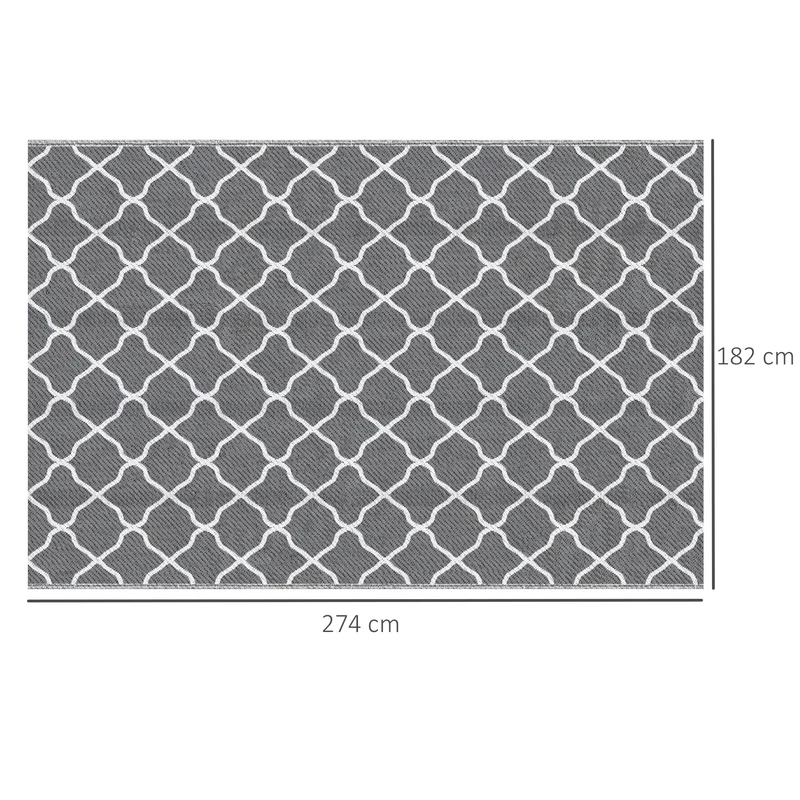Outsunny Alfombra de Exterior 182x274 cm Alfombra Reversible con Patrón Geométrico Impermeable para Terraza Balcón Patio Camping Playa Gris y Blanco
