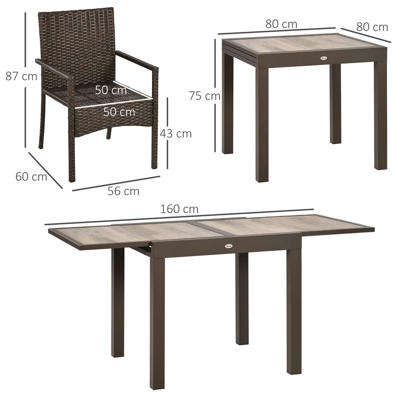 Outsunny Conjunto de Muebles de Ratán Sintético de Jardín 7 Piezas Marco de Aluminio Juego de Comedor con Mesa Extensible 6 Sillas de Asientos Acolchadas para Terraza Patio Balcón Marrón