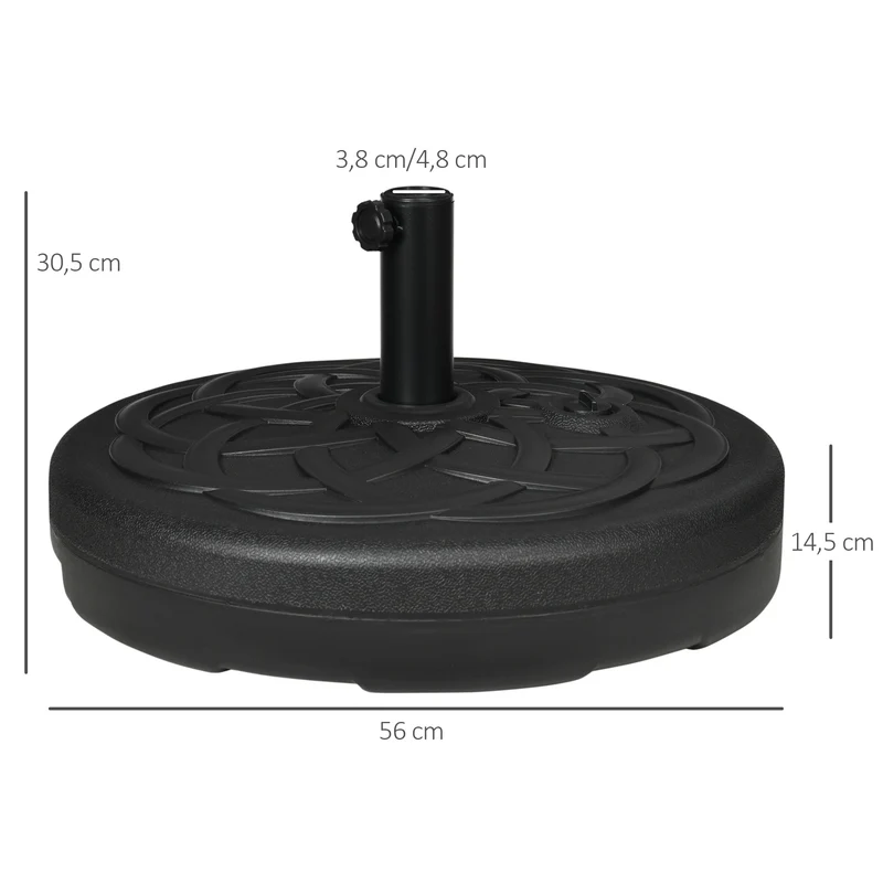 Outsunny Base de Sombrilla de PE Redonda Soporte de Parasol 2,5 kg Apto para Postes de 38mm/48mm Rellenable de Arena 35 kg y Agua 25L Ø56x30,5 cm Negro