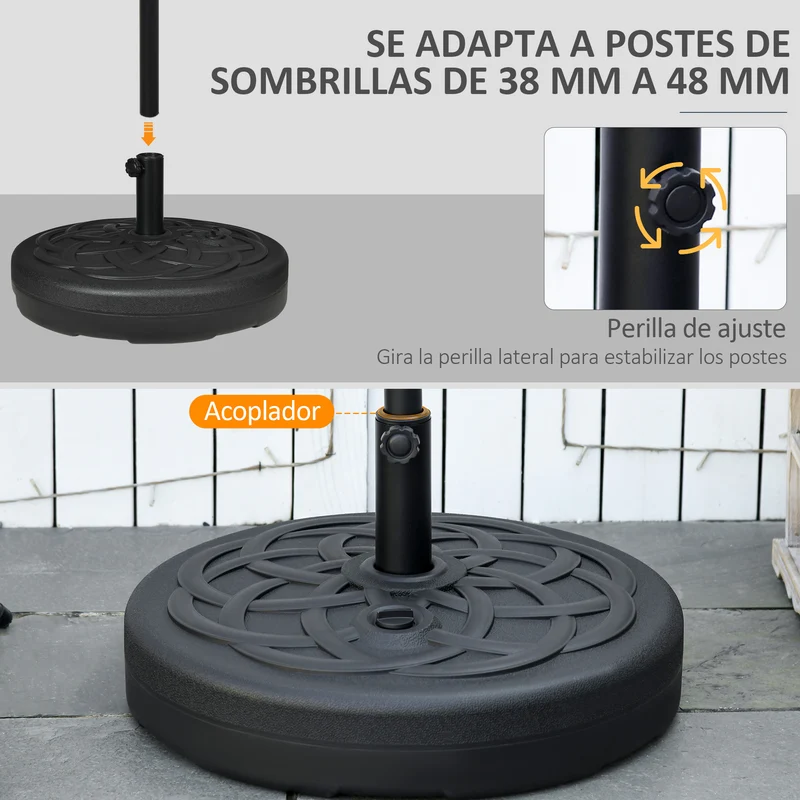 Outsunny Base de Sombrilla de PE Redonda Soporte de Parasol 2,5 kg Apto para Postes de 38mm/48mm Rellenable de Arena 35 kg y Agua 25L Ø56x30,5 cm Negro