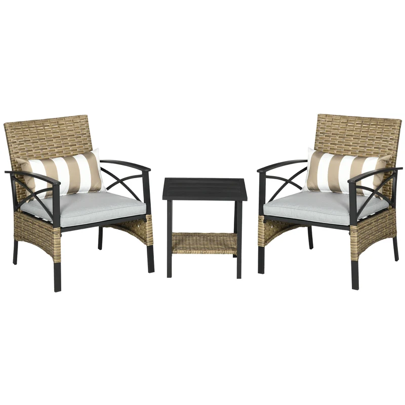 Outsunny Conjunto de Muebles de Jardín de 3 Piezas Juego de 2 Sillas y Mesa de Ratán con 2 Cojines Acolchados y Marco de Acero para Terraza Balcón Exterior Marrón