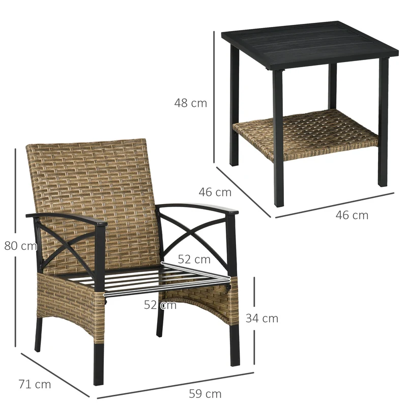Outsunny Conjunto de Muebles de Jardín de 3 Piezas Juego de 2 Sillas y Mesa de Ratán con 2 Cojines Acolchados y Marco de Acero para Terraza Balcón Exterior Marrón