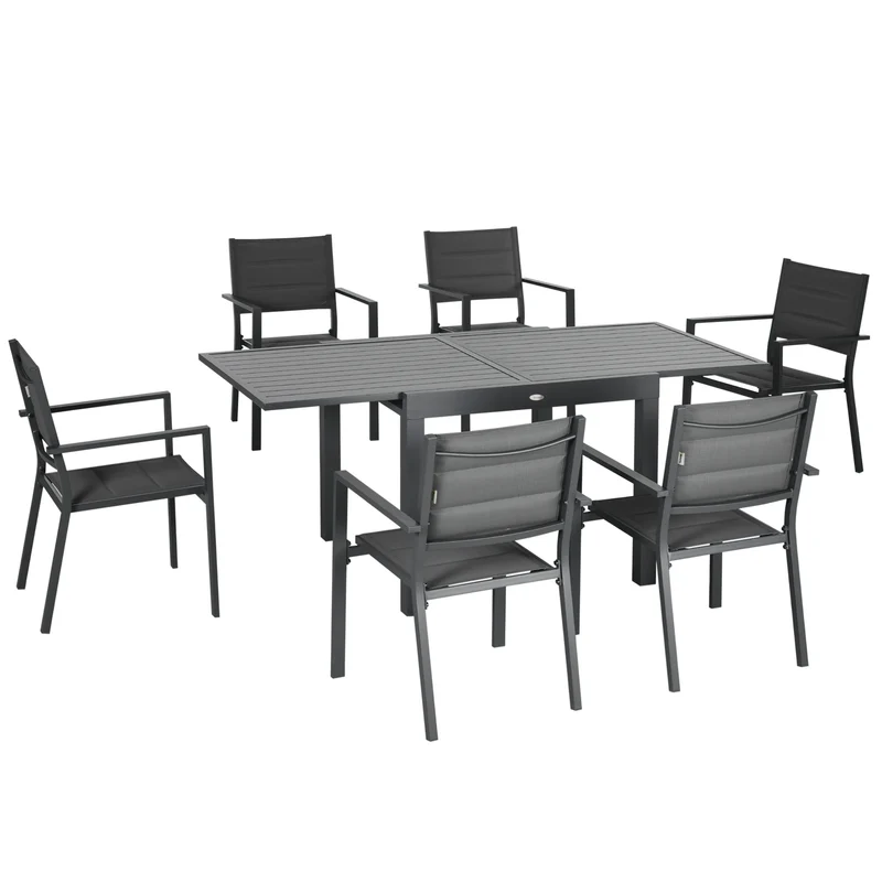 Outsunny Conjunto Muebles de Jardín 7 Piezas de Aluminio Juego de Comedor Exterior con Mesa Extensible y 6 Sillas Apilables y Asiento de Texteline 90-180x89x74 cm Gris