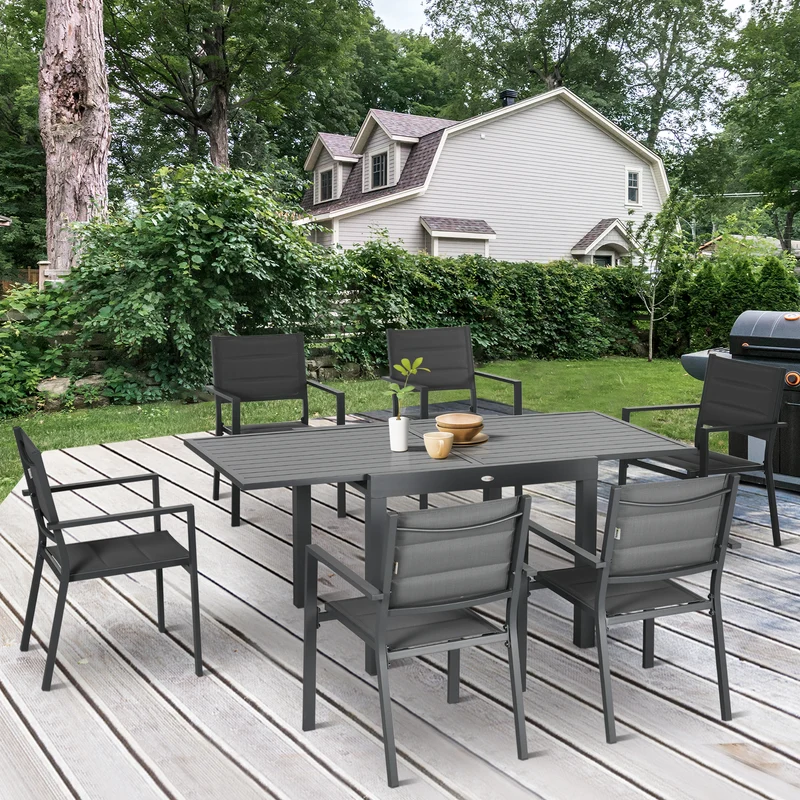 Outsunny Conjunto Muebles de Jardín 7 Piezas de Aluminio Juego de Comedor Exterior con Mesa Extensible y 6 Sillas Apilables y Asiento de Texteline 90-180x89x74 cm Gris