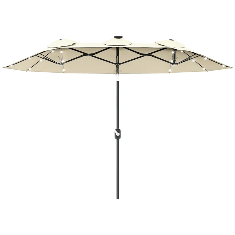 Outsunny Sombrilla Doble con Luces LED 280x146x227 cm Sombrilla de Jardín con Inclinación de 45° Manivela y Costillas de Acero para Terraza Balcón Piscina Beige