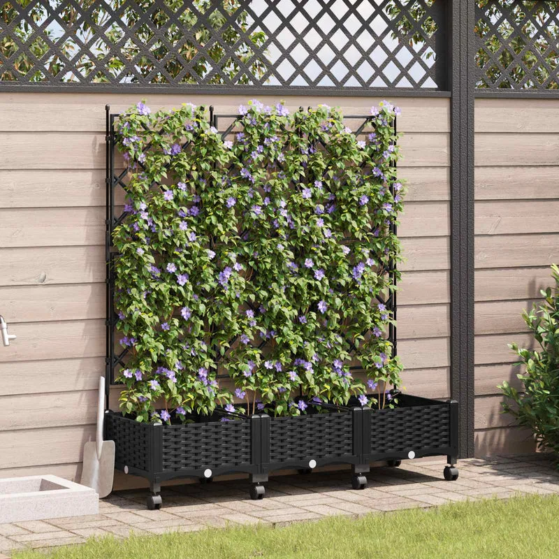 Jardinera Con Enrejado Y Ruedas 3 Uds. Negro Pp