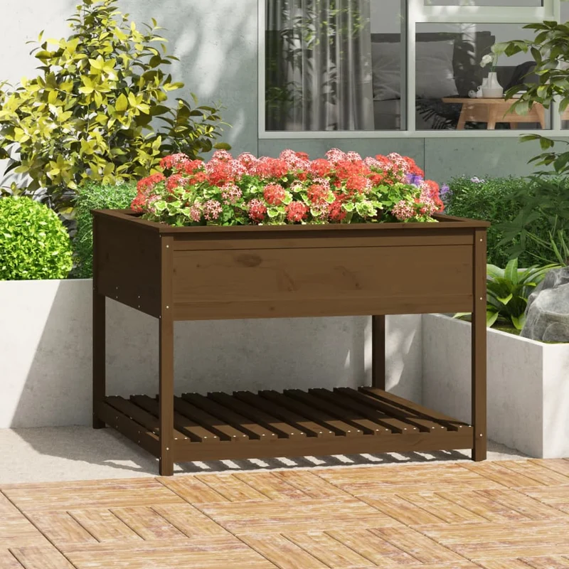 Jardinera Y Estante Madera Maciza Pino Marrón 111,5x111,5x81 Cm
