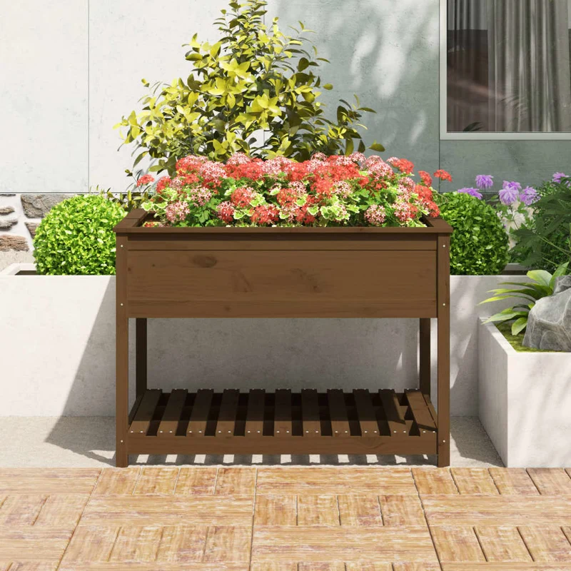 Jardinera Y Estante Madera Maciza Pino Marrón 111,5x111,5x81 Cm