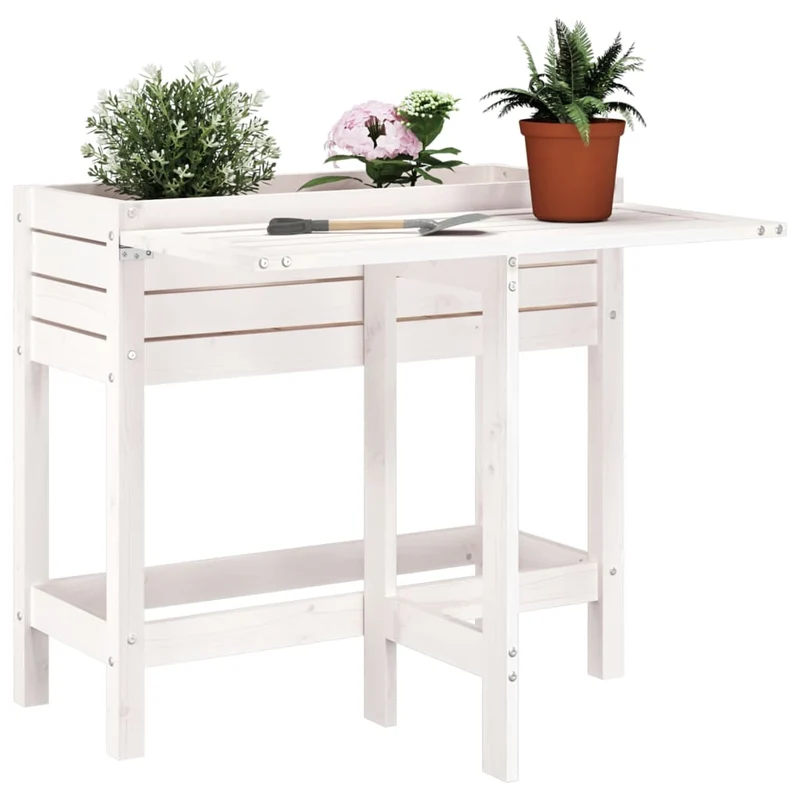 Jardinera Con Tapa Plegable Madera Maciza De Pino Blanca