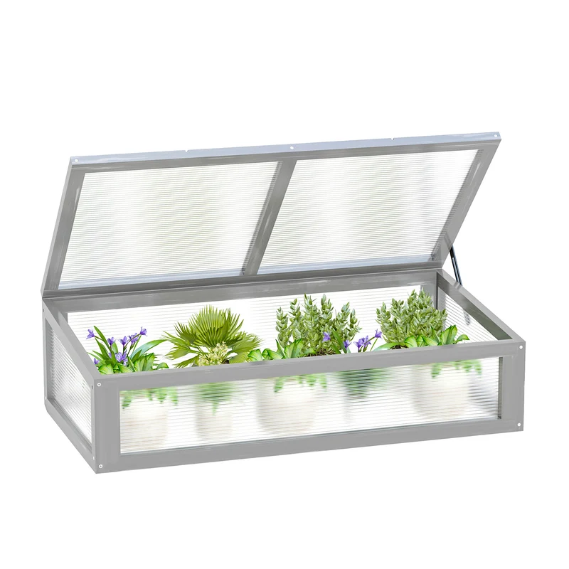 Outsunny Invernadero de Madera Natural y Policarbonato 90x46x28 cm con Tapa Inclinada Caseta de Plantas para Jardín Huerto Terraza Protección del Clima Gris