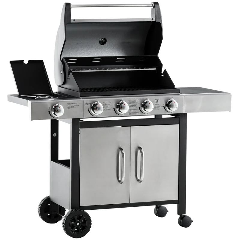 Outsunny Barbacoa de Gas con Ruedas Parrilla con 4+1 Quemadores 3 KW y Mesa Lateral Armario de Almacenaje Acero Inoxidable BBQ 128x50x113 cm Negro Plateado