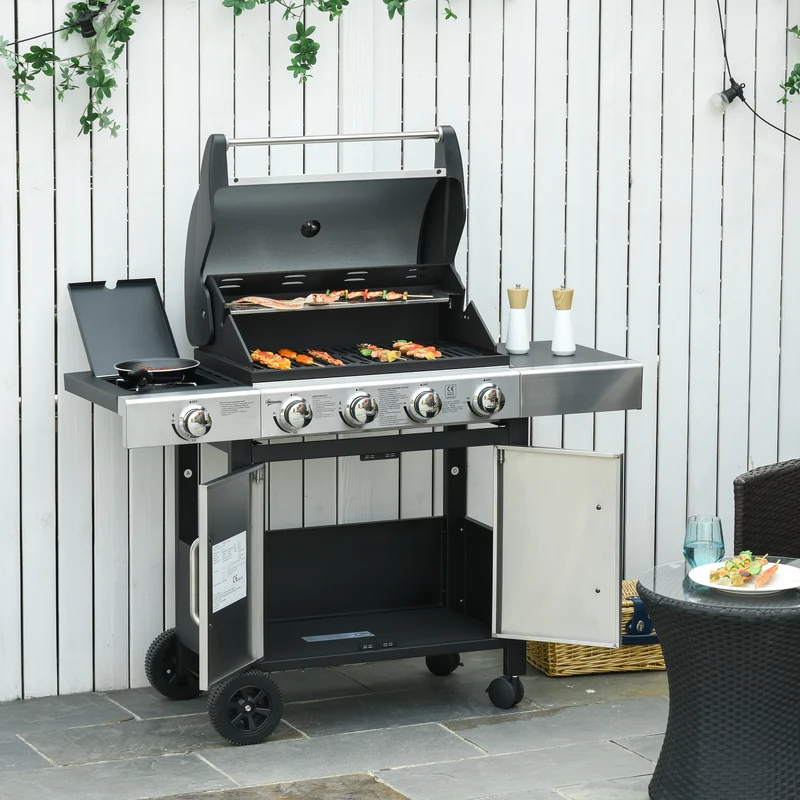 Outsunny Barbacoa de Gas con Ruedas Parrilla con 4+1 Quemadores 3 KW y Mesa Lateral Armario de Almacenaje Acero Inoxidable BBQ 128x50x113 cm Negro Plateado