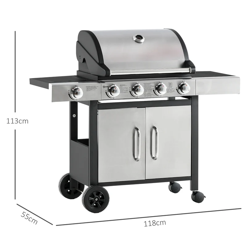 Outsunny Barbacoa de Gas con Ruedas Parrilla con 4+1 Quemadores 3 KW y Mesa Lateral Armario de Almacenaje Acero Inoxidable BBQ 128x50x113 cm Negro Plateado