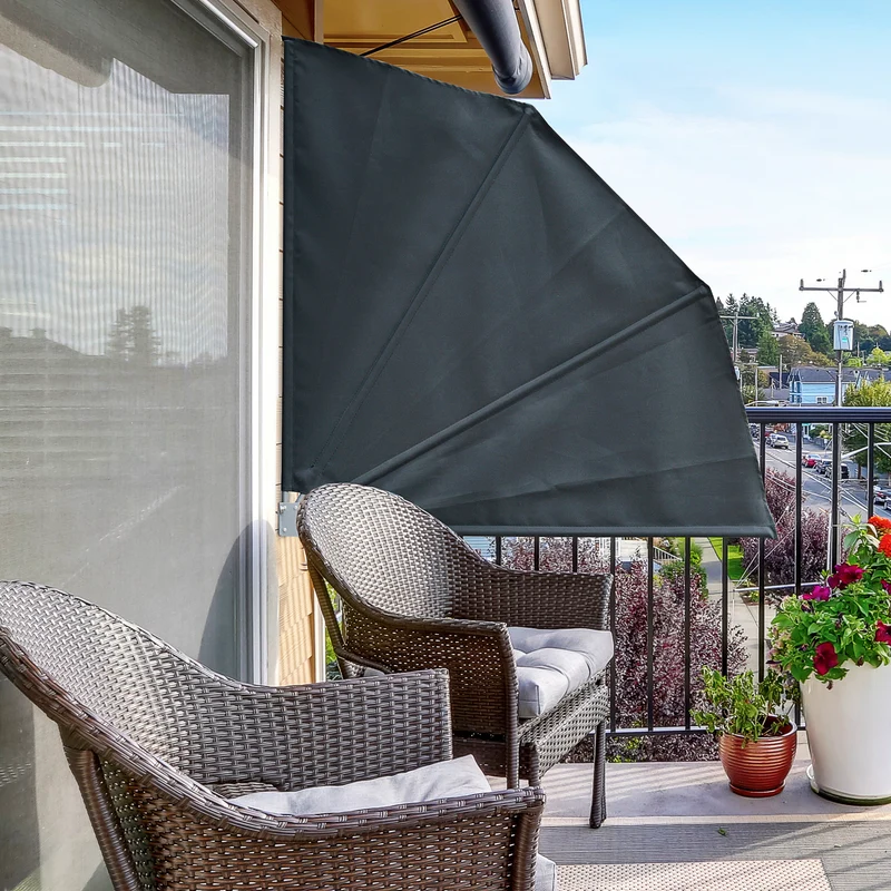 Outsunny Toldo Lateral Plegable de Balcón 120x120 cm en Forma de Abanico Aluminio con Soporte de Pared para Suelo Terraza Patio Gris Oscuro