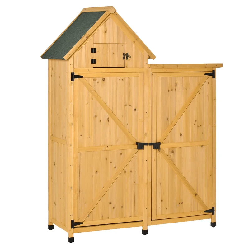 Outsunny Caseta de Jardín de Madera con 2 Puertas 138x54,5x175 cm Cobertizo de Almacenaje Herramientas Techo Asfáltico Estantes Ganchos para Exterior Madera Natural