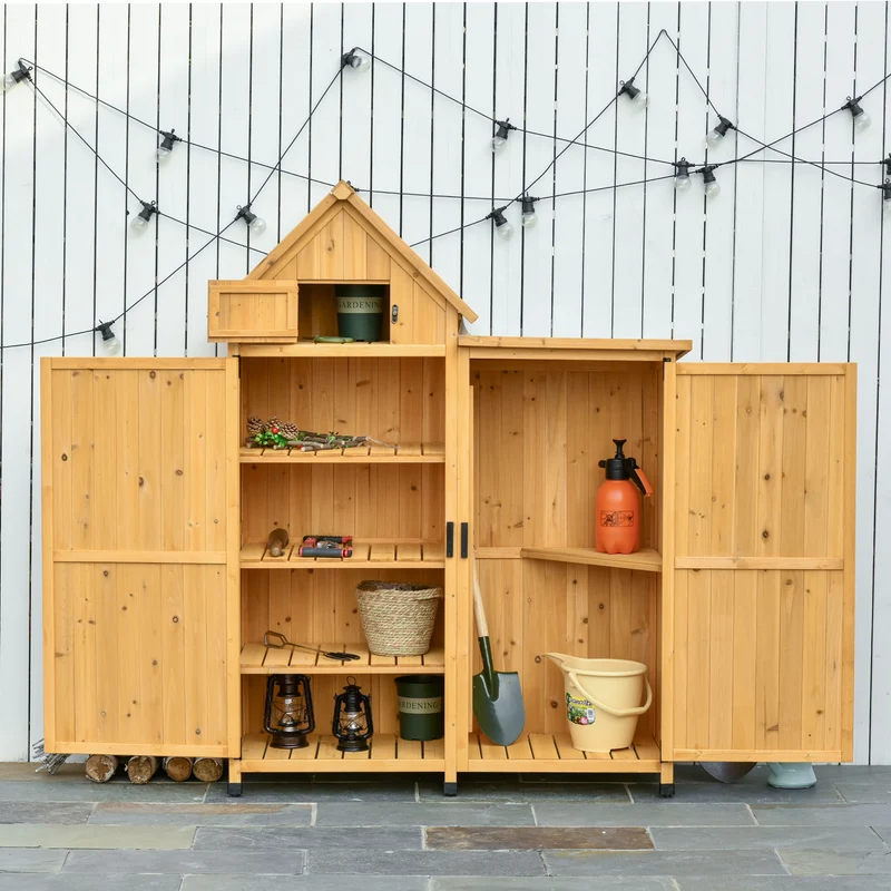 Outsunny Caseta de Jardín de Madera con 2 Puertas 138x54,5x175 cm Cobertizo de Almacenaje Herramientas Techo Asfáltico Estantes Ganchos para Exterior Madera Natural