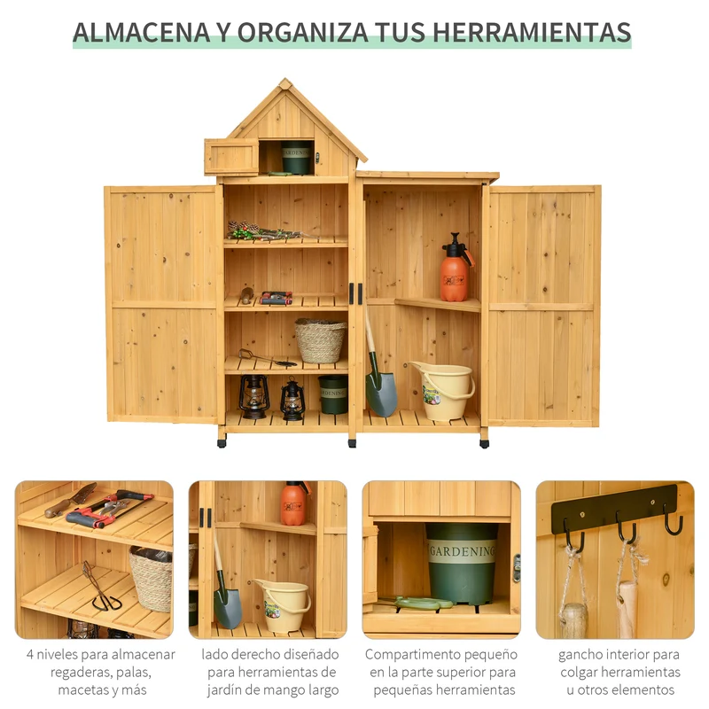 Outsunny Caseta de Jardín de Madera con 2 Puertas 138x54,5x175 cm Cobertizo de Almacenaje Herramientas Techo Asfáltico Estantes Ganchos para Exterior Madera Natural