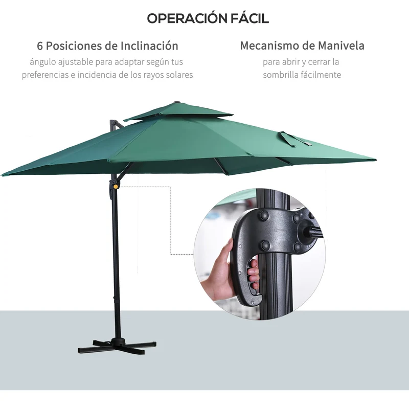 Outsunny Sombrilla de Jardín 300x300 cm Parasol de Aluminio con Manivela Poste Giratorio 360° Doble Techo Inclinable en 6 Posiciones y Base Cruzada Incluida Verde