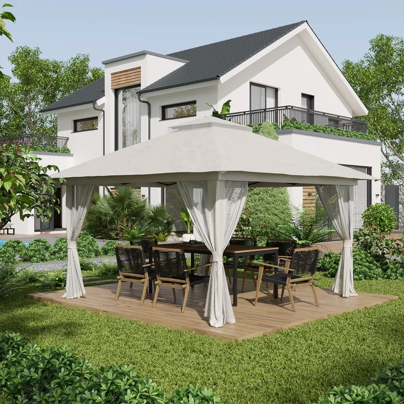 Outsunny Carpa Plegable Pop-up 4x4x2,8 m Cenador de Jardín con Paredes Altura Ajustable Anti-UV Impermeable Doble Techo Mosquiteras y Bolsa de Ruedas Gazebo para Exterior Fiestas Camping Crema