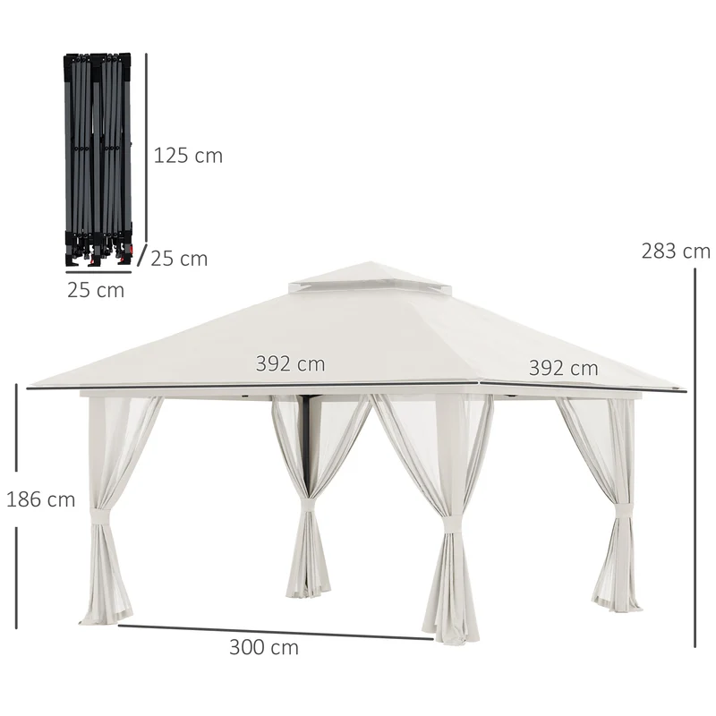 Outsunny Carpa Plegable Pop-up 4x4x2,8 m Cenador de Jardín con Paredes Altura Ajustable Anti-UV Impermeable Doble Techo Mosquiteras y Bolsa de Ruedas Gazebo para Exterior Fiestas Camping Crema