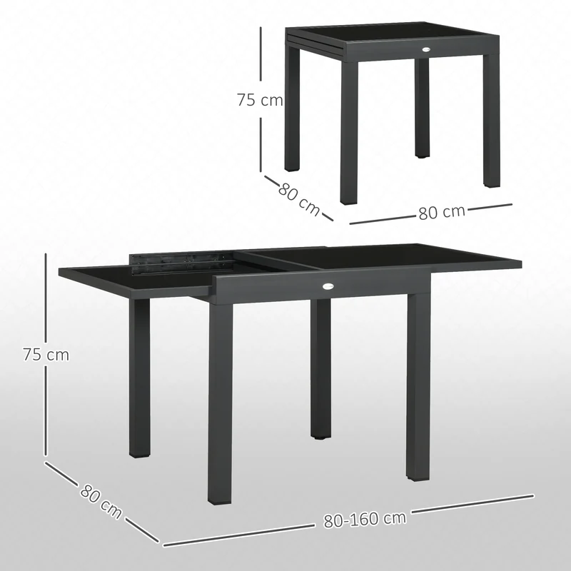 Outsunny Mesa de Jardín Extensible de Aluminio Mesa de Comedor Rectangular con Encimera de Vidrio Templado para 4-6 Personas Carga 50 kg para Terraza 80-160x80x75 cm Negro