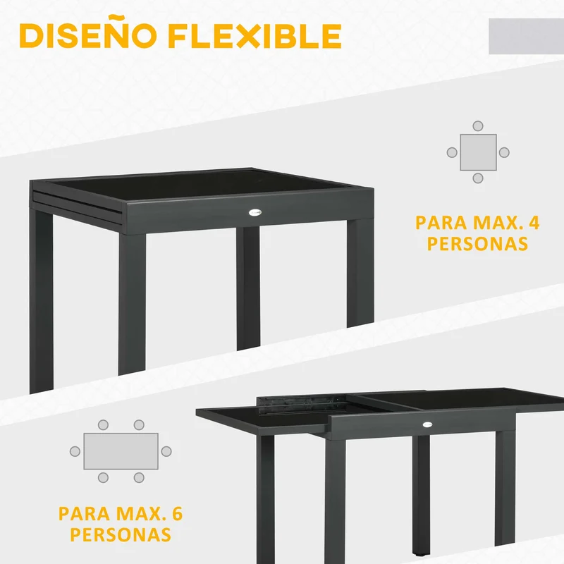 Outsunny Mesa de Jardín Extensible de Aluminio Mesa de Comedor Rectangular con Encimera de Vidrio Templado para 4-6 Personas Carga 50 kg para Terraza 80-160x80x75 cm Negro