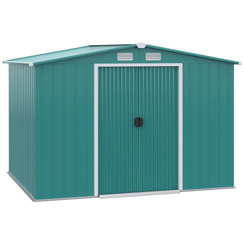 Outsunny Cobertizo de Jardín 260x206x179 cm con Base de 4,7m² Caseta Metálica con Puertas Correderas y Ventilaciones para Almacenamiento de Herramientas Jardinería Verde