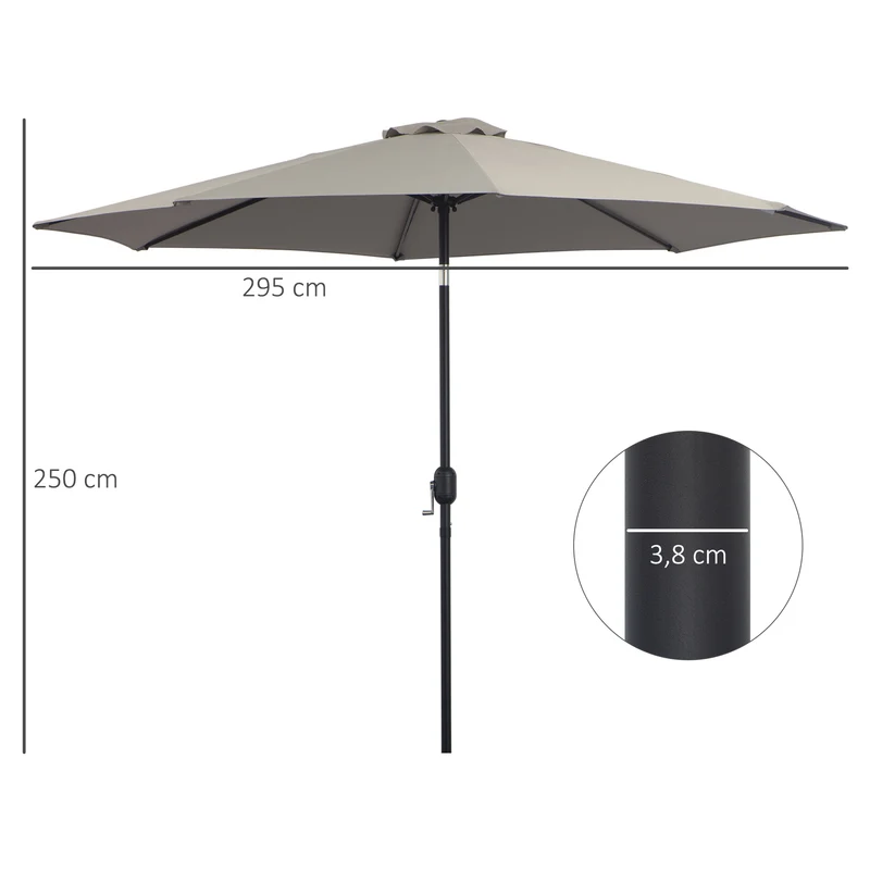 Outsunny Sombrilla de Jardín Ø295x250 cm con Manivela Parasol Exterior con Mecanismo de Inclinación y Poste Desmontable de Metal para Terraza Piscina Patio Gris Claro