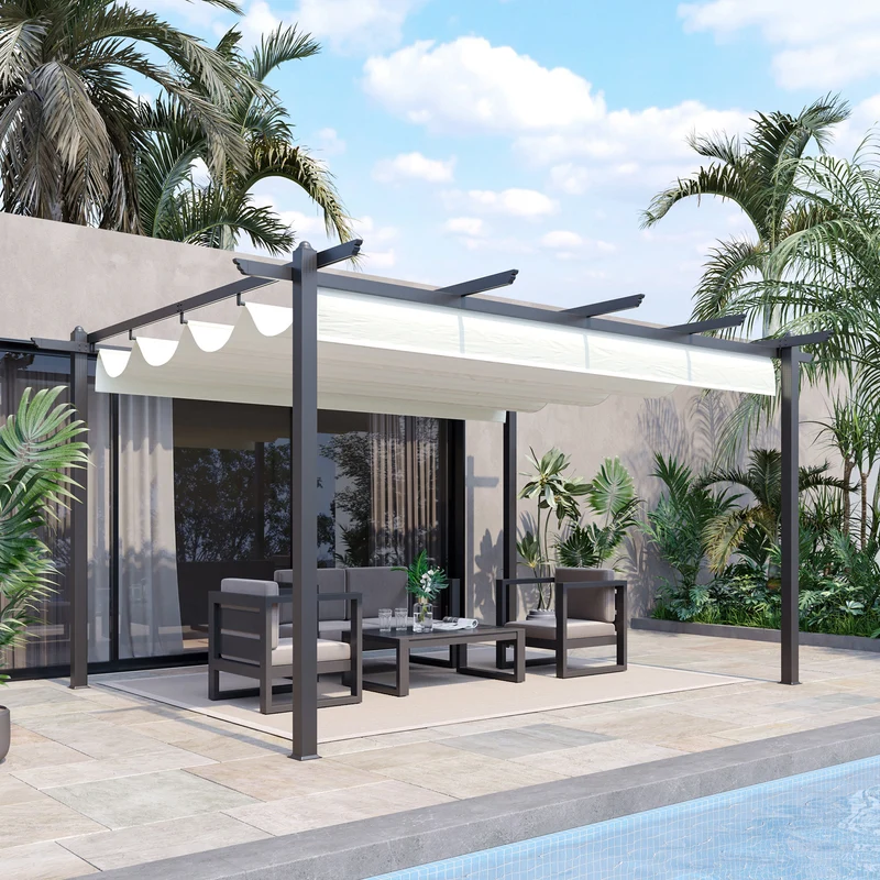 Outsunny Pérgola con Techo Retráctil Pérgola de Aluminio 4x3 m Cenador con Tela de Poliéster Resistente al Agua Pabellón para Jardín Patio Terraza Exterior Crema