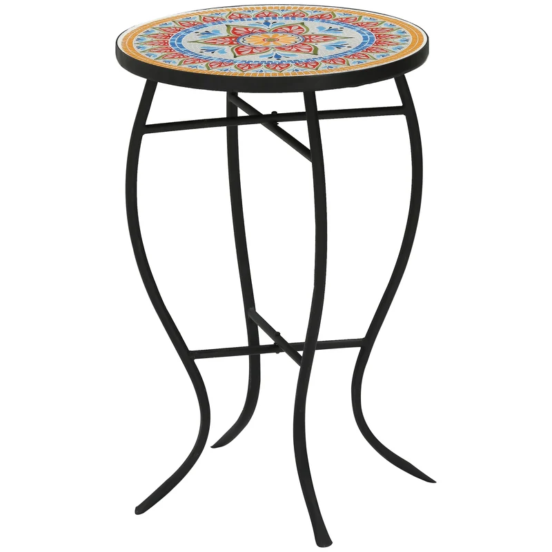 Outsunny Mesa de Jardín Redonda Mesa Auxiliar de Mosaico con Patas de Metal para Patio Terraza Exterior Balcón 35,5x35,5x53,5 cm Rojo