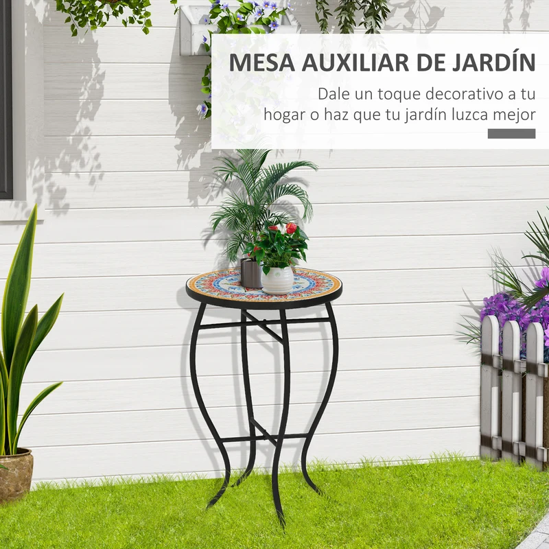 Outsunny Mesa de Jardín Redonda Mesa Auxiliar de Mosaico con Patas de Metal para Patio Terraza Exterior Balcón 35,5x35,5x53,5 cm Rojo
