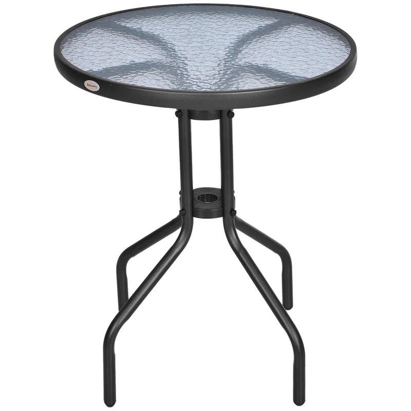 Outsunny Mesa de Jardín Redonda con Encimera de Vidrio Templado Decorativa y Marco de Metal para Patio Terraza Balcón Comedor Ø60x70 cm Negro
