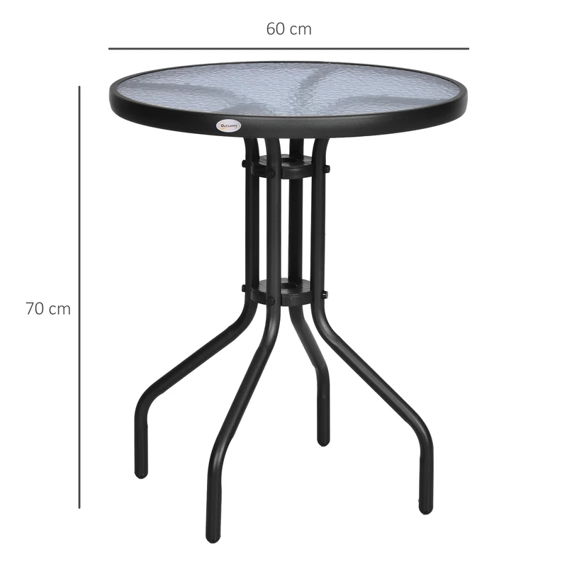 Outsunny Mesa de Jardín Redonda con Encimera de Vidrio Templado Decorativa y Marco de Metal para Patio Terraza Balcón Comedor Ø60x70 cm Negro