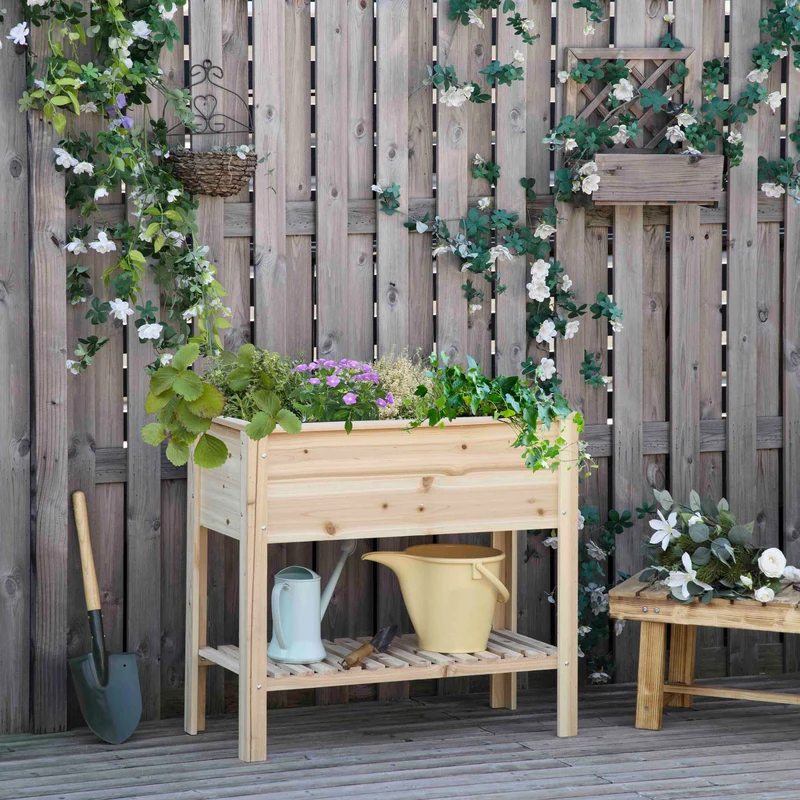 Outsunny Huerto Urbano Elevado de Madera 90x40x81 cm Mesa de Cultivo de Jardín con Estante Inferior y 2 Orificios de Drenaje para Cultivos Plantas Flores Natural