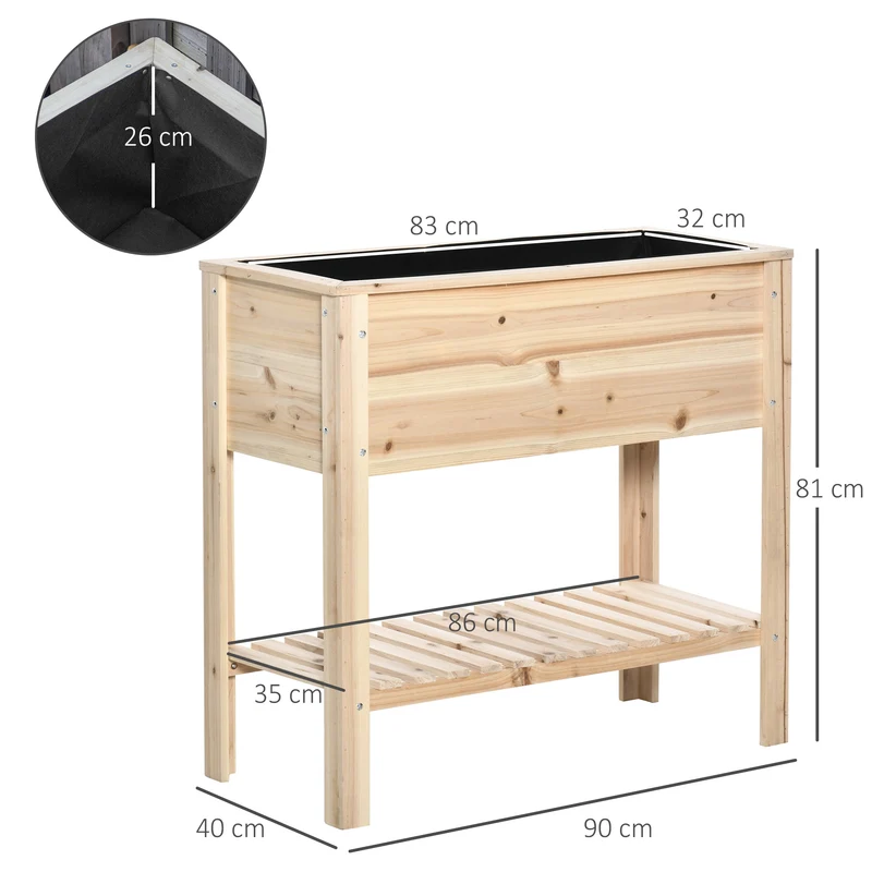 Outsunny Huerto Urbano Elevado de Madera 90x40x81 cm Mesa de Cultivo de Jardín con Estante Inferior y 2 Orificios de Drenaje para Cultivos Plantas Flores Natural