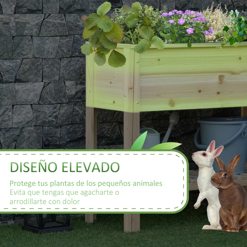 Outsunny Huerto Urbano Elevado de Madera 90x40x81 cm Mesa de Cultivo de Jardín con Estante Inferior y 2 Orificios de Drenaje para Cultivos Plantas Flores Natural