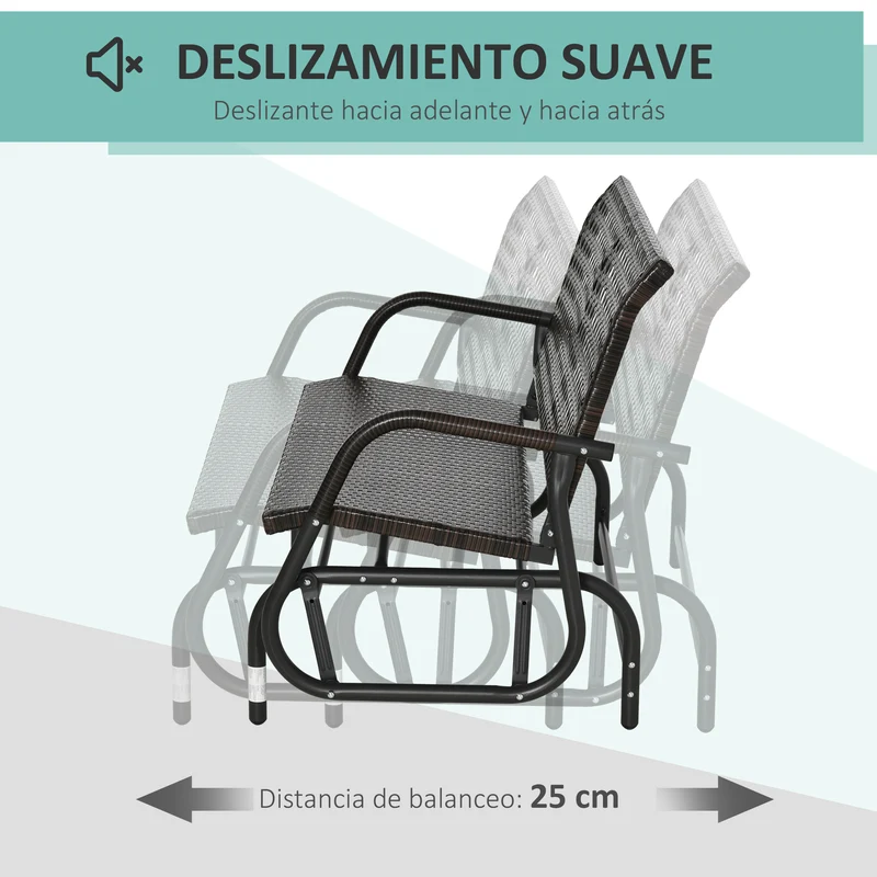 Outsunny Mecedora de Ratán de 2 Plazas Banco Balancín de Jardín con Balanceo Ergonómico y Marco de Metal para Terraza Balcón Exterior Patio Hotel Carga 220 kg 120x70x84 cm Marrón
