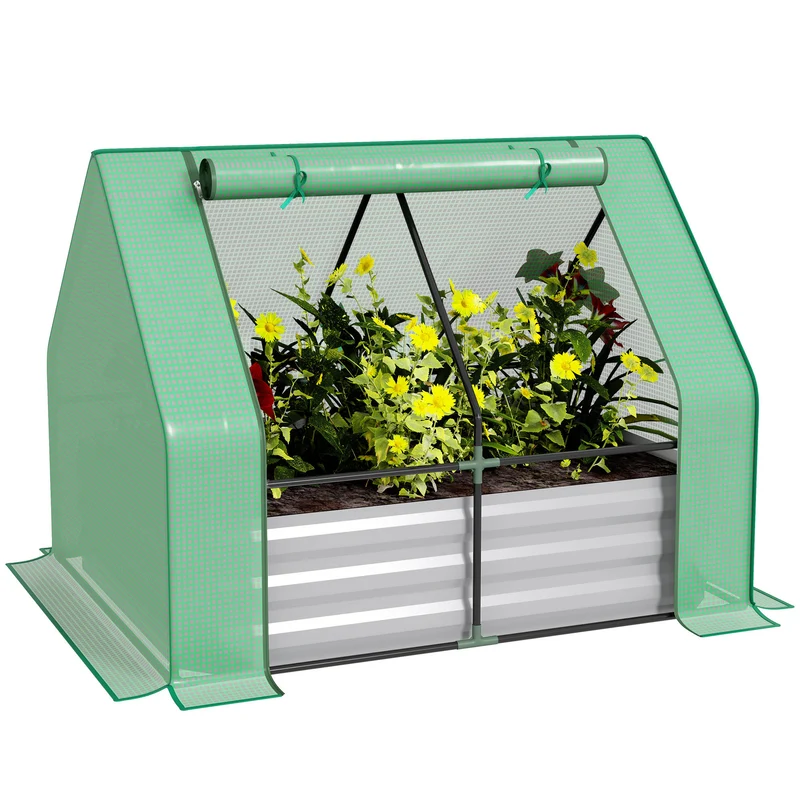 Outsunny Huerto Urbano con Invernadero Invernadero de Exterior 127x95x92 cm Tipo Caseta con Arriate de Acero Interior Ventana Enrollable y Cubierta de PE 140 g/m² para Cultivos Plantas Flores Verde