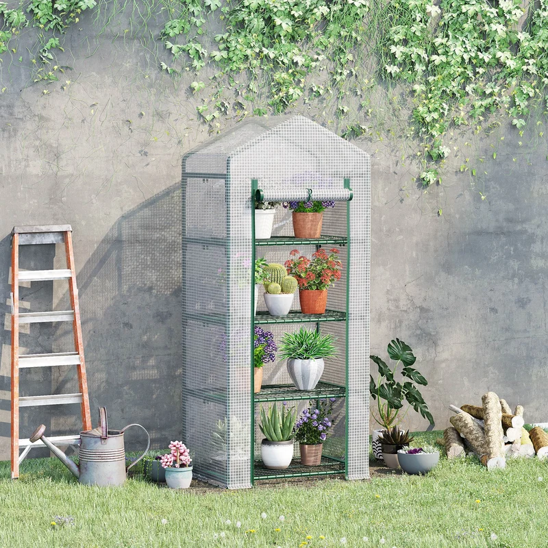 Outsunny Invernadero de Jardín con 4 Estantes y Cubierta de PE Tipo Caseta de Tubo Acero Vivero Casero para Cultivo de Plantas Flores Macetas 70x50x160 cm Blanco