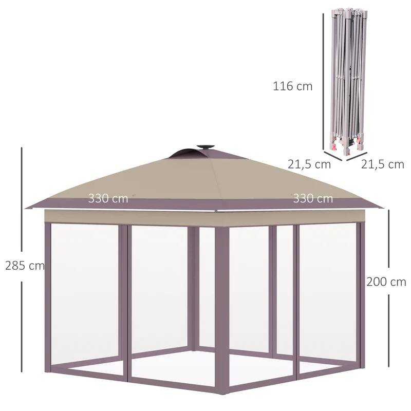 Outsunny Carpa Plegable Exterior 3x3x2,9 m con Luces LED y Control Remoto Cenador de Jardín con 4 Mosquiteras Extraíbles y Bolsa de Transporte Impermeable Gazebo para Exterior Camping Fiestas Beige
