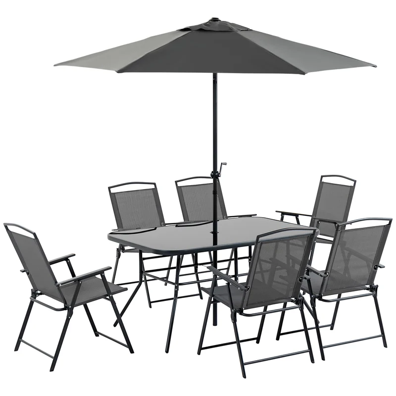 Outsunny Conjunto de Muebles de Jardín 8 Piezas con 6 Sillas Plegables Mesa de Comedor de Vidrio y Sombrilla Inclinable con Manivela Protección del Sol para Terraza Exterior Negro