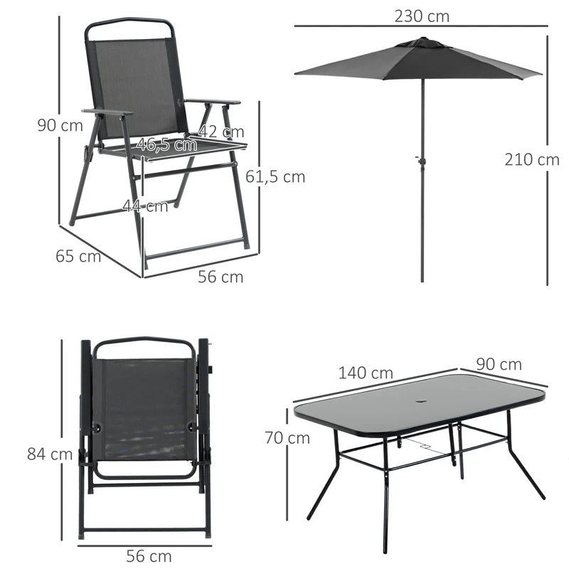 Outsunny Conjunto de Muebles de Jardín 8 Piezas con 6 Sillas Plegables Mesa de Comedor de Vidrio y Sombrilla Inclinable con Manivela Protección del Sol para Terraza Exterior Negro